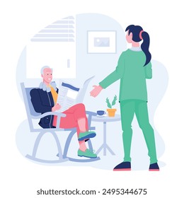 Geriatric nurse talking with elderly man, flat illustration 