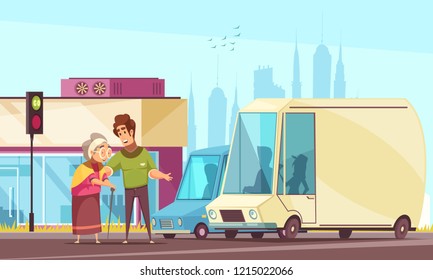 Geriatric social workers helping elderly people outdoor flat cartoon poster with pedestrian crossing road assistance vector illustration
