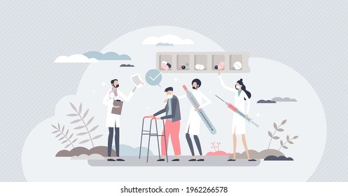 Geriatrics as senior medical health care and assistance tiny person concept. Hospital appointment for retired patient vector illustration. Doctor consultation and treatment help for old pensioner.