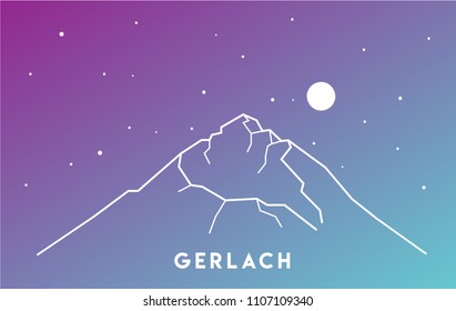 Gerlach. Vector illustration of the highest peak in the High Tatras, in Slovakia. Travel, tourism, adventure. Europe. Mountains. Background. Wallpaper