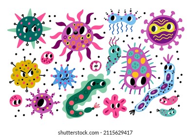 Germ characters. Cartoon bacteria and viruses. Kids comic unicellular microorganisms. Harmful and beneficial microbes. Infectious bacterium. Biology and chemistry. Vector