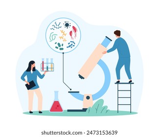 Germ of infection, microorganism and bacteria research, microbiology. Tiny people study gut microbiome with microscope, microbe, bacillus and bacterium in round lens cartoon vector illustration