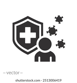 Virus de germen con icono humano, sistema inmunológico fuerte, escudo antibacteriano, concepto de antibiótico de defensa, Ilustración vectorial