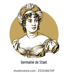 Germaine de Staël was a French writer, literary theorist, publicist; salon hostess who had a great influence on literary tastes. Hand-drawn vector illustration