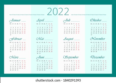 German 2022 Calendar template. 12 months. Horizontal Simple and clean design