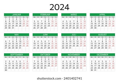 DEUTSCHER Kalender 2024. Druckbare, bearbeitbare Vektorgrafik für Deutschland. 12 Monate Kalender. Landschaft