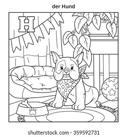 German alphabet, colorless illustration (letter H). Coloring book (dog)