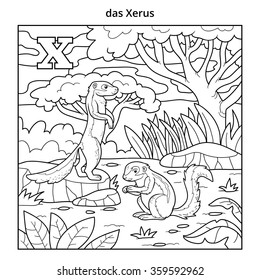 German alphabet, colorless illustration (letter X). Coloring book (xerus)