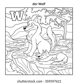 German alphabet, colorless illustration (letter W). Coloring book (wolf)