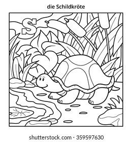 German alphabet, colorless illustration (letter S). Coloring book (turtle)