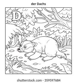 German alphabet, colorless illustration (letter D). Coloring book (badger)