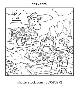 German alphabet, colorless illustration (letter Z). Coloring book (zebra)