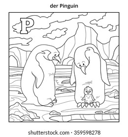 German alphabet, colorless illustration (letter P). Coloring book (penguins)