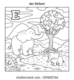 German alphabet, colorless illustration (letter E). Coloring book (two elephants)