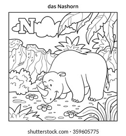 German alphabet, colorless illustration (letter N). Coloring book (rhino)