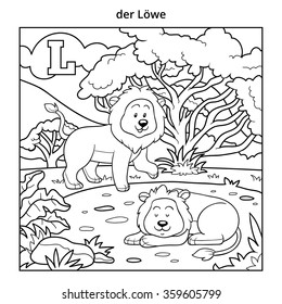 German alphabet, colorless illustration (letter L). Coloring book (lions)