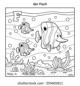 German alphabet, colorless illustration (letter F). Coloring book (fish family)