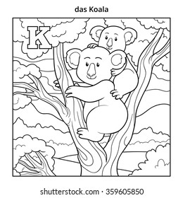 German alphabet, colorless illustration (letter K). Coloring book (koala)