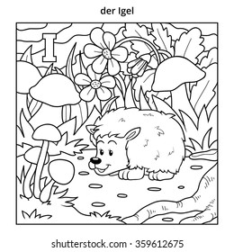 German alphabet, colorless illustration (letter I). Coloring book (hedgehog)