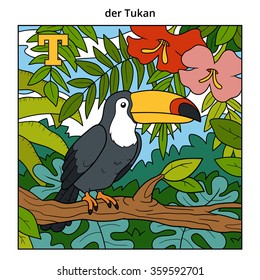German alphabet, vector illustration (letter T). Color image (toucan and background)