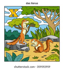 German alphabet, vector illustration (letter X). Color image (deer and background)