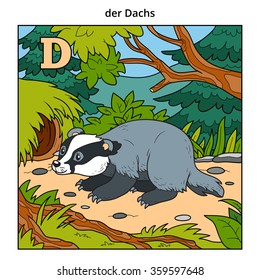 German alphabet, vector illustration (letter D). Color image (badger and background)