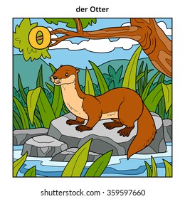 German alphabet, vector illustration (letter O). Color image (otter and background)