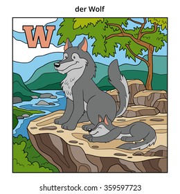 German alphabet, vector illustration (letter W). Color image (wolf and background)