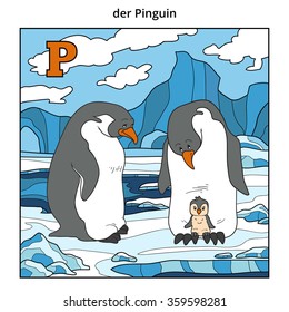 German alphabet, vector illustration (letter P). Color image (penguins and background)