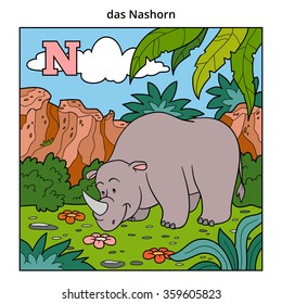 German alphabet, vector illustration (letter N). Color image (rhino and background)