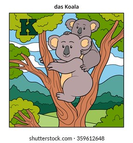 German alphabet, vector illustration (letter K). Color image (koala and background)