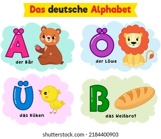 German alphabet. written in German bear, lion, chicken, white bread