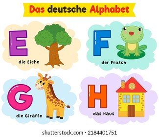 german alphabet. written in German frog, oak, house, giraffe