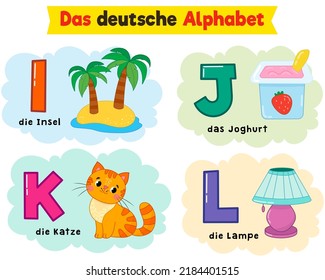 german alphabet. written in German island, yogurt, lamp, cat