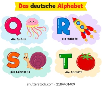 german alphabet. written in German jellyfish, tomato, snail, rocket