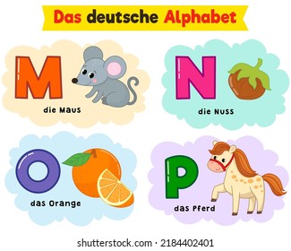 german alphabet. written in German mouse, nut, horse, orange