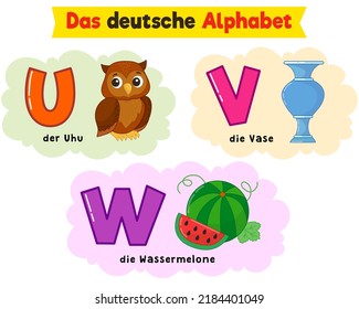 german alphabet. written in German owl,  vase, watermelon