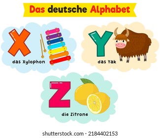 german alphabet. written in German yak, lemon, xylophone