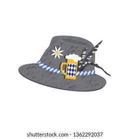 German Alpine felt hat for Oktoberfest icon. Party decor hat with pins of edelweiss, beer stein glass fun hand drawn vector cartoon. Bavarian beer festival event decorative design element illustration