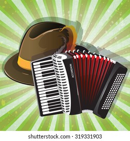 German Alpine hat and accordion with red bellows on radiant green background