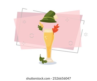 German Alpine hat and glass of beer vector illustration. Cartoon drawing for banner design. Leaves on abstract background. Oktoberfest, beer festival, celebration, autumn, Germany concept