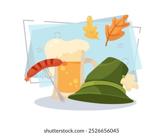 German Alpine hat, mug of beer, sausage on fork vector illustration. Cartoon drawing for banner design. Leaves on abstract background. Oktoberfest, beer festival, celebration, autumn, Germany concept