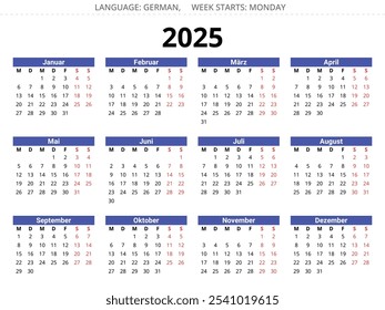 Calendário anual da Alemanha. Ano de 2025. Ilustração vetorial para a Alemanha (kalender)