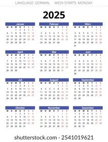 Calendário anual da Alemanha. Ano de 2025. Ilustração vetorial para a Alemanha (kalender)