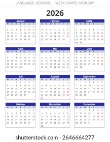 Calendário anual ALEMÃO para o ano de 2026. Ilustração vetorial para a Alemanha (germanic kalender)