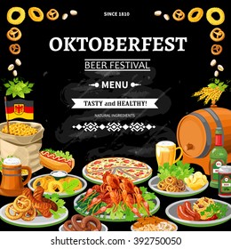 German annual oktoberfest beer festival traditional dishes menu on black chalkboard background poster flat abstract vector illustration