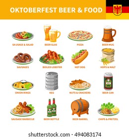 German annual oktoberfest traditional food snacks and beer flat icons collection with crayfish abstract isolated vector illustration