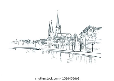 German antient city view vector sketch illustration