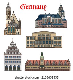 Edificios arquitectónicos alemanes, monumentos de Leipzig vectores de iglesias y casas. Arquitectura de viajes alemana, Altes Rathaus y Alte Waage, Iglesia de Santo Tomás de Thomaskirche y San Nicolás Nikolaikirche