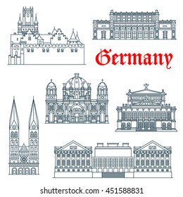 German architecture landmark thin line icons of Berlin Cathedral and Alte Oper concert hall, St. Peter's Cathedral and Marienburg Castle, Pergamon and Kunsthalle Museums. Travel design theme
